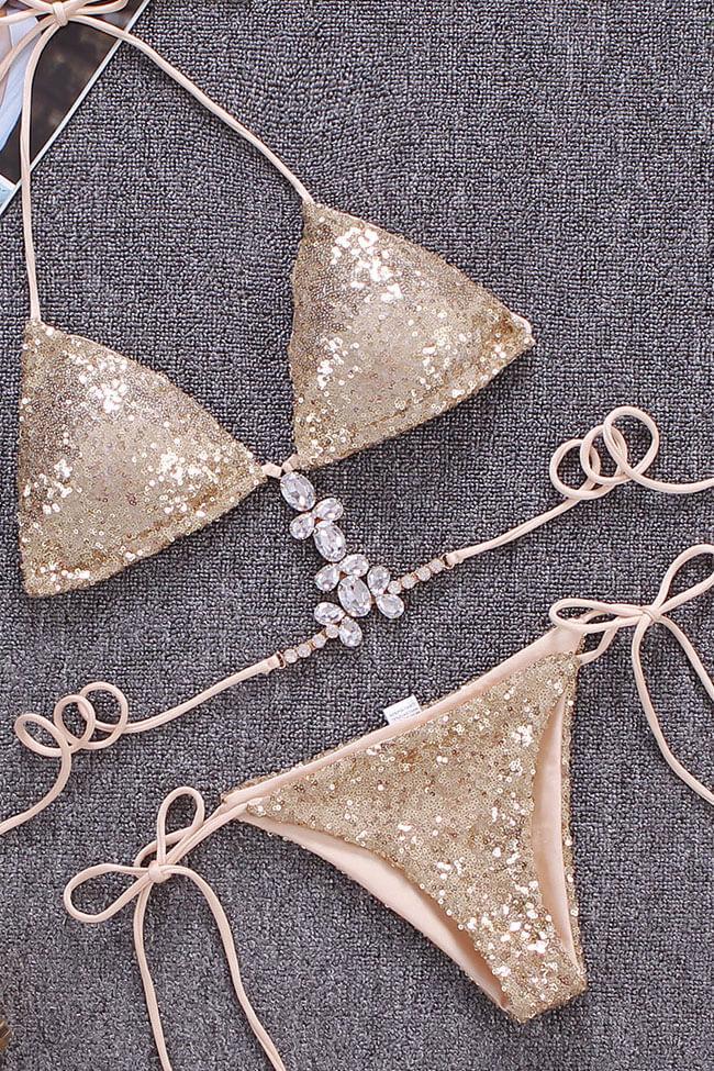 Luxe Rhinestone Sequin Strappy Triangle Bikini - Two Piece Set
