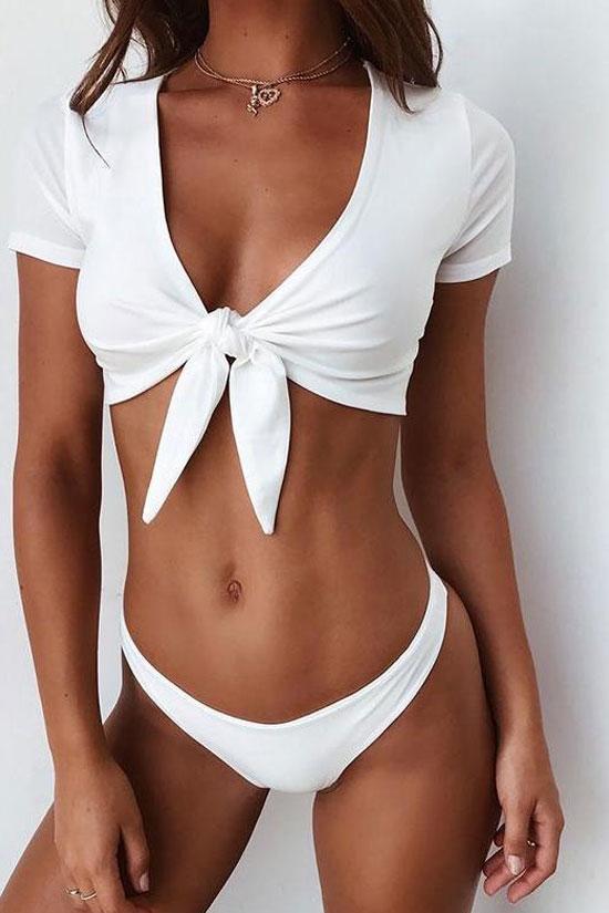 Solid Short Sleeve Knotted Bikini -  Two Piece Set