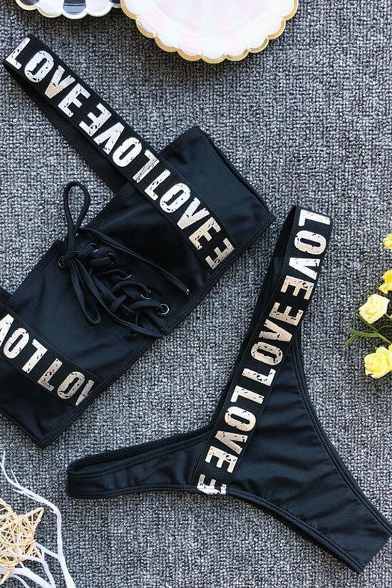 High Leg Metallic Letter Strap Lace Up Bikini - Two Piece Set