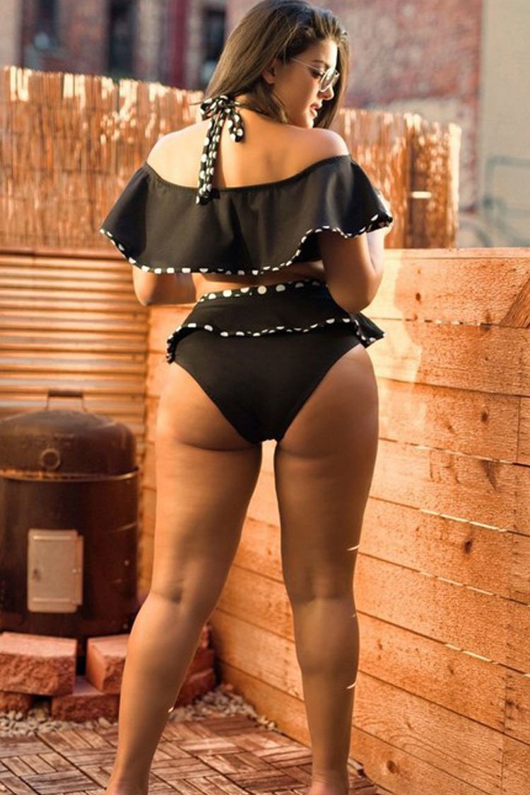 Plus Size High Waist Polka Dot Ruffle Off Shoulder Bikini - Two Piece Set