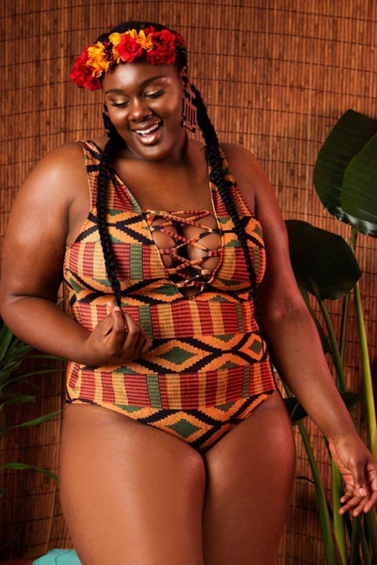 Plus Size Tribal Geometric Lace Up V Neck One Piece Swimsuit
