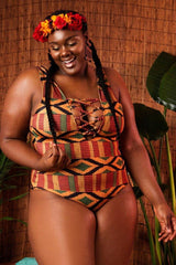 Plus Size Tribal Geometric Lace Up V Neck One Piece Swimsuit