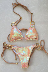 Orange Sequin Tie String Brazilian Scrunch Sliding Triangle Bikini