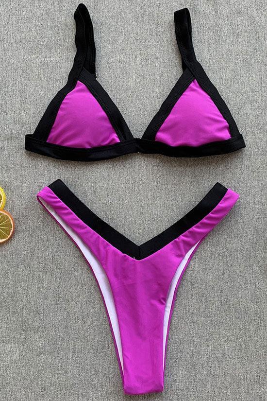 Contrast Bnaded High Leg Triangle Thong Bikini - Two Piece Swimsuit