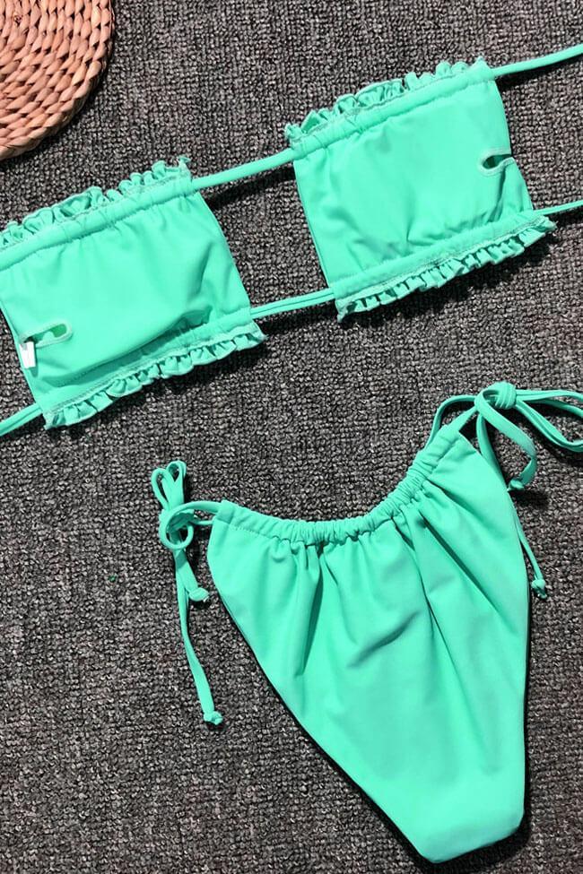 Solid Tie Side Shirred Slide Bandeau Bikini - Two Piece Swimsuit