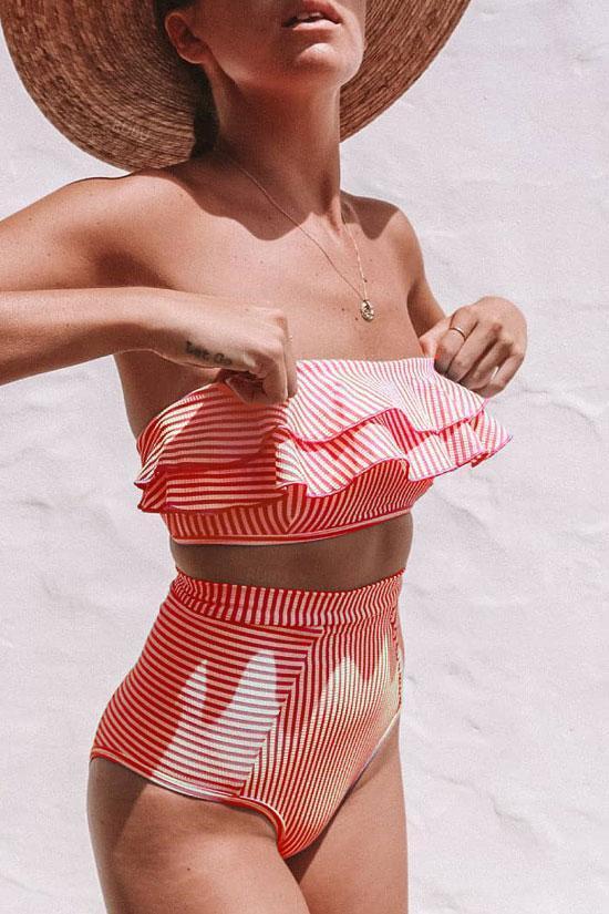 High Waisted Striped Ruffle Bandeau Bikini - Two Piece Swimsuit