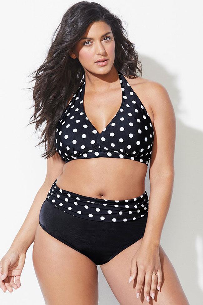 Plus Size Polka Dots High Waist Halter Bikini - Two Piece Swimsuit