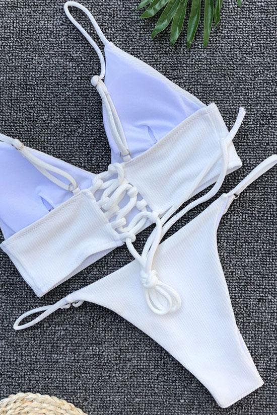 Ribbed Lace Up Back Triangle Bikini - Two Piece Swimsuit