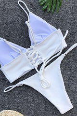 Ribbed Lace Up Back Triangle Bikini - Two Piece Swimsuit