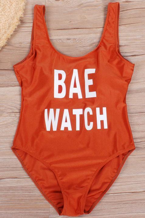 Orange Shaping Letter Print Low Back Cute One Piece Swimsuit