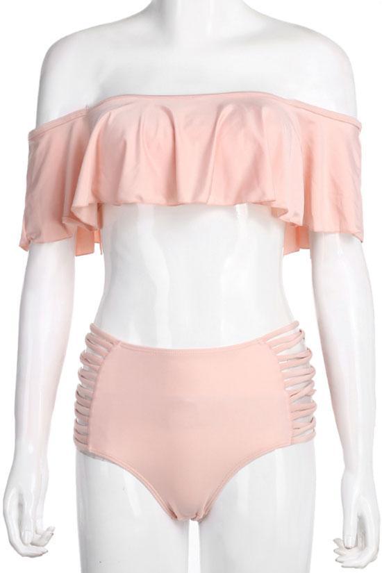 Ruffle High Waisted Off Shoulder Bandeau Bikini - Two Piece Set