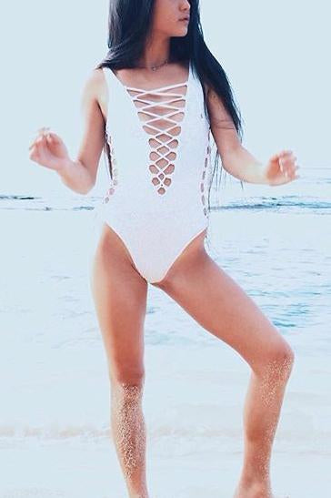 White Lace Up Strappy Crisscross One Piece Swimsuit