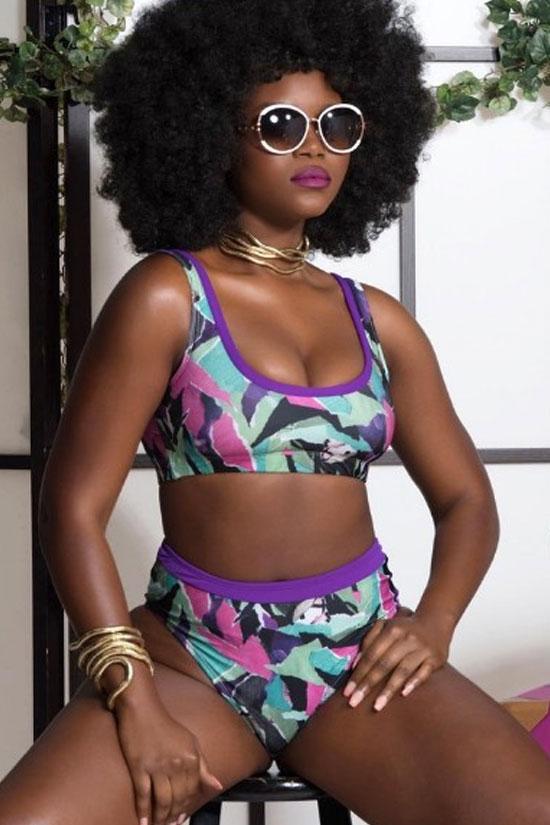 Plus Size Colorful High Waist Crop Bikini - Two Piece Set