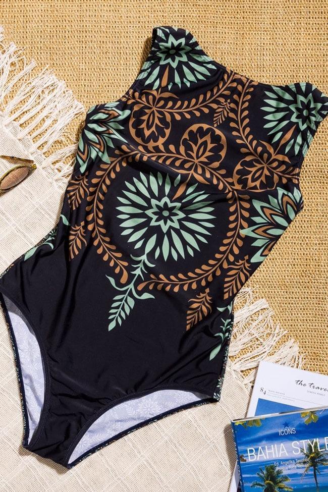 Vintage Floral Printed High Neck One Piece Swimsuit