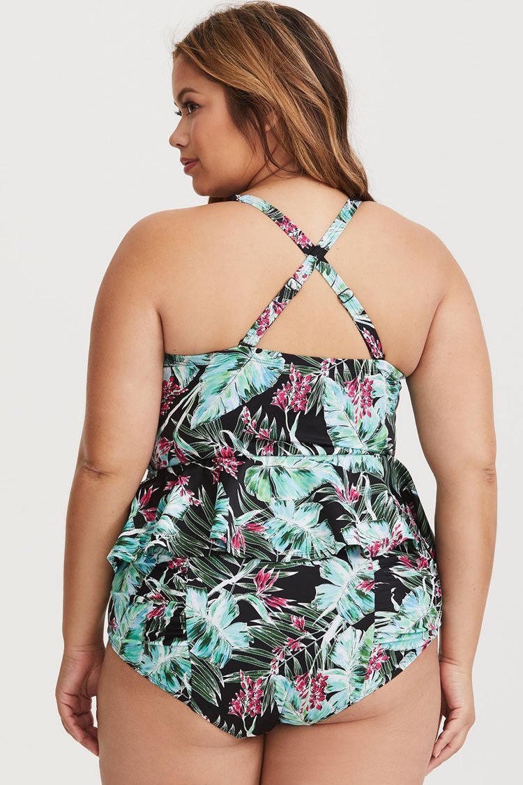 Plus Size Tropical Leaf Underwire Peplum Tankini Swimsuit - Two Piece Set