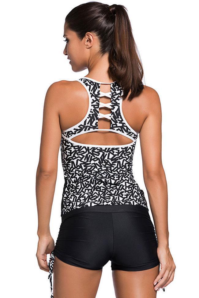 Letters Cutout Racerback Boyshort Tankini - Two Piece Swimsuit
