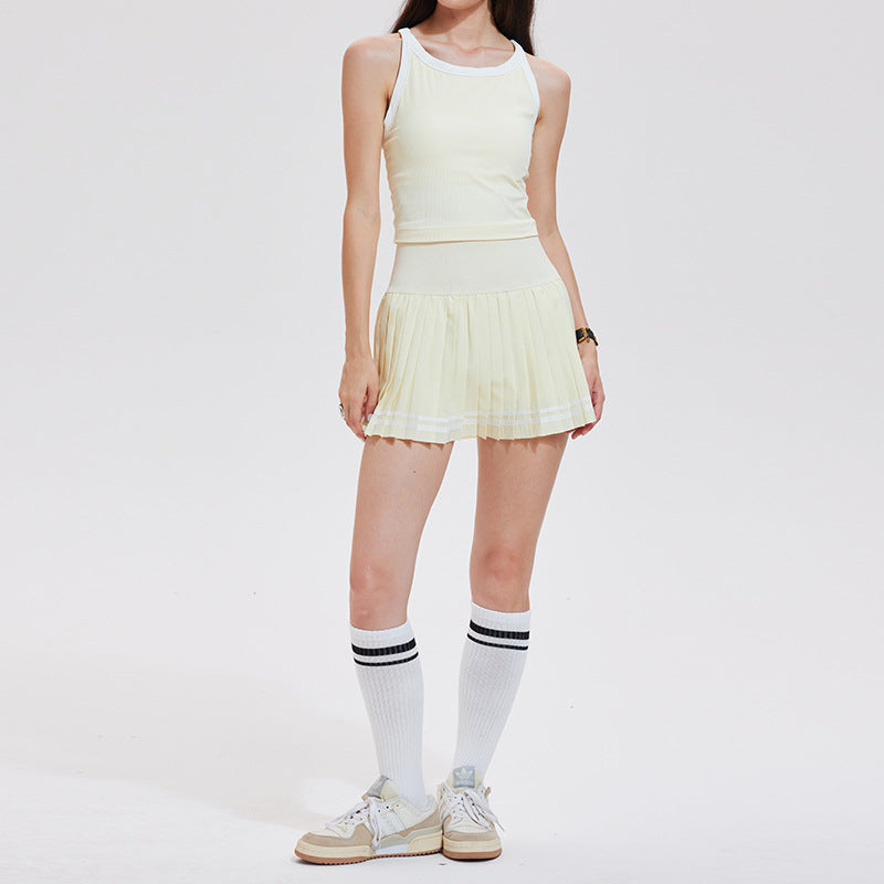 Shockproof gathering contrast bra breathable nude tennis skirt set
