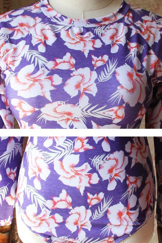 Purple Surf Floral Long Sleeve Rash Guard One Piece Swimsuit