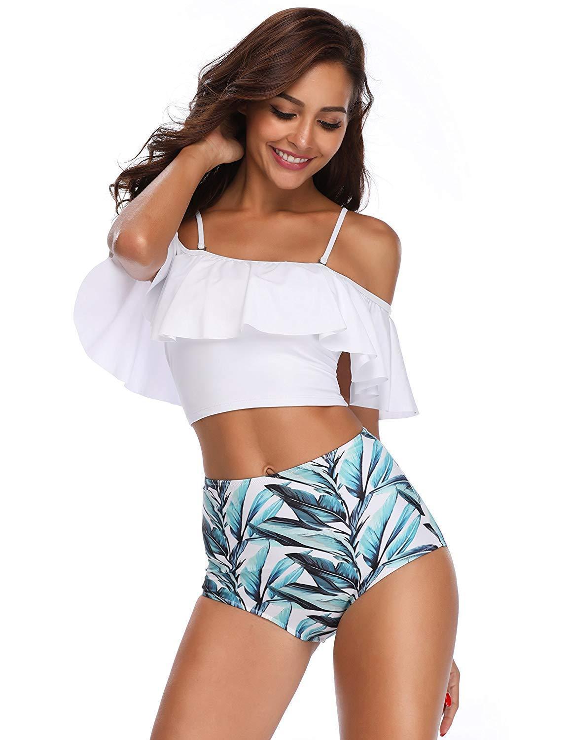 Cute Off Shoulder Ruffled High Waisted Crop Top Bikini