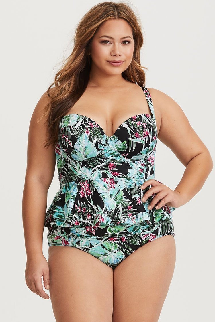 Plus Size Tropical Leaf Underwire Peplum Tankini Swimsuit - Two Piece Set
