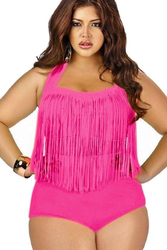 Plus Size Timeless Fringed Halter Bandeau Bikini - Two Piece Swimsuit