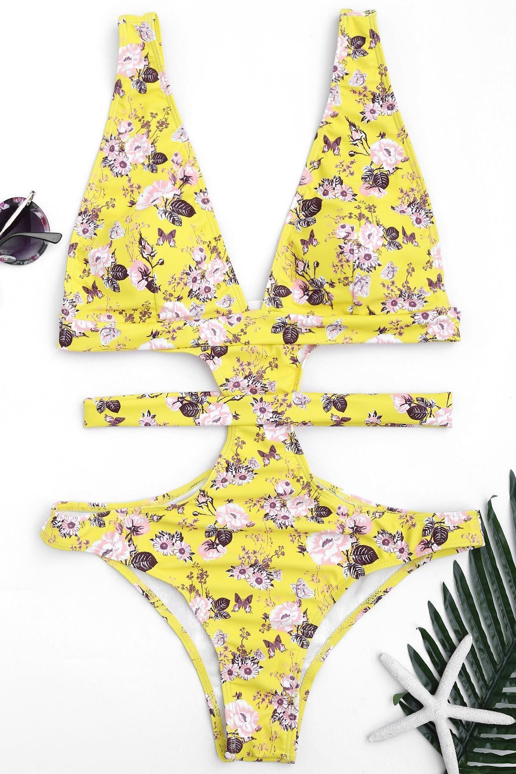 Yellow Cutout Plunging Floral Print Bandage Cheeky Monokini Swimwear
