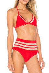 Pompon High Waisted Splicing Mesh Bikini - Two Piece Set
