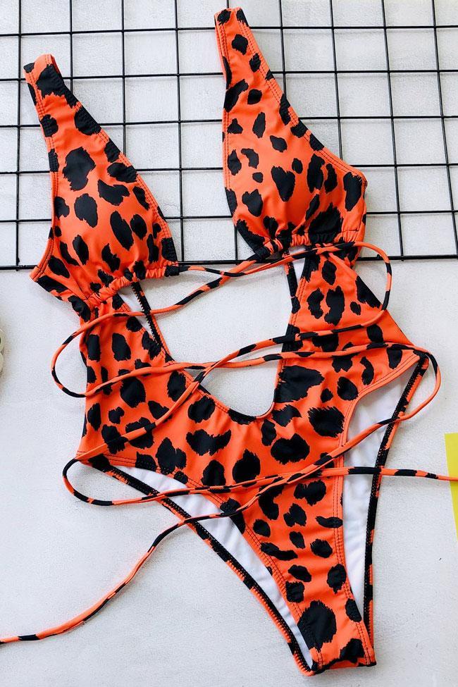 Low Back High Leg Cheetah Tie Straps Cutout Front One Piece Swimsuit