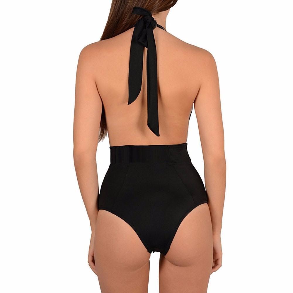 Black Halter Hollow Out Floral Lace-up Sheer Mesh Lace Bathing Suit
