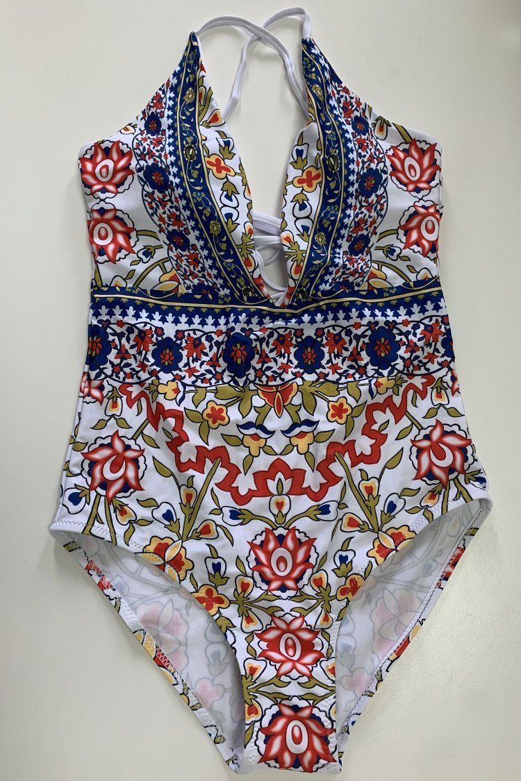 Ethnic Crisscross Strappy Low Back High Leg Deep V One Piece Swimsuit