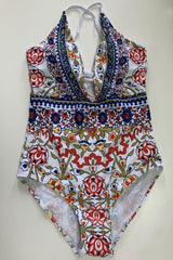 Ethnic Crisscross Strappy Low Back High Leg Deep V One Piece Swimsuit