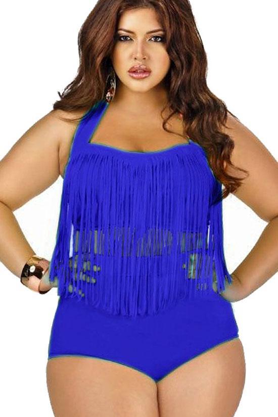 Plus Size Timeless Fringed Halter Bandeau Bikini - Two Piece Swimsuit