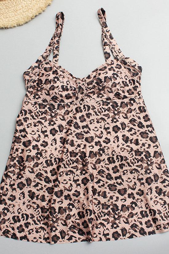 Plus Size Leopard Printed Bikini Swimdress - Two Piece Set