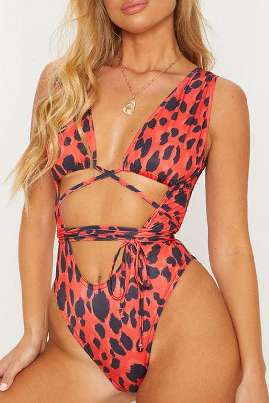 Low Back High Leg Cheetah Tie Straps Cutout Front One Piece Swimsuit