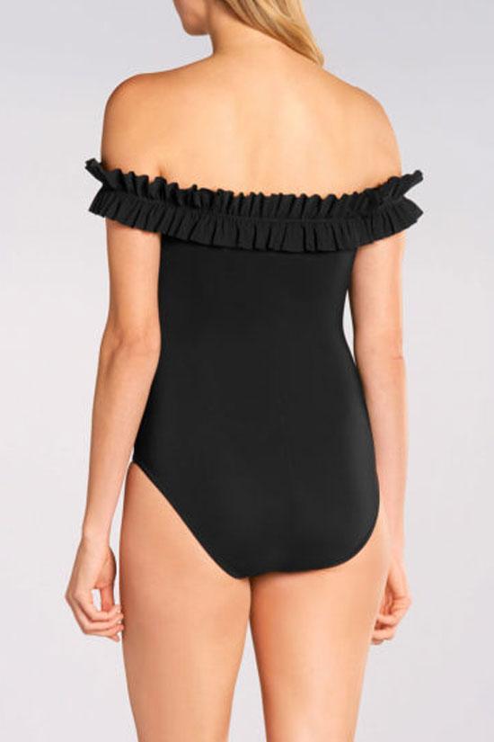 Black Ruffle Edge Off Shoulder One Piece Swimsuit