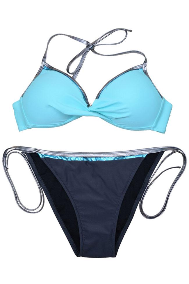 Metallic Trim Twist Front Push Up Halter Bikini - Two Piece Set