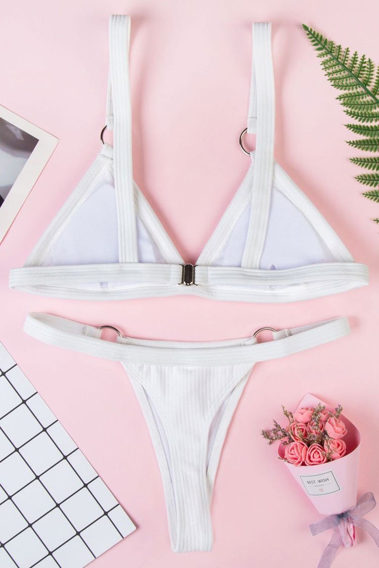White Ribbed Metal Ring Triangle Bikini