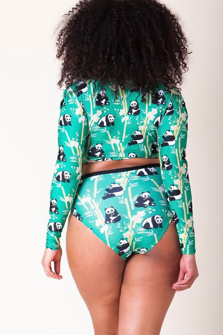 Plus Size Panda High Waist Sleeved Crop Bikini - Two Piece Set