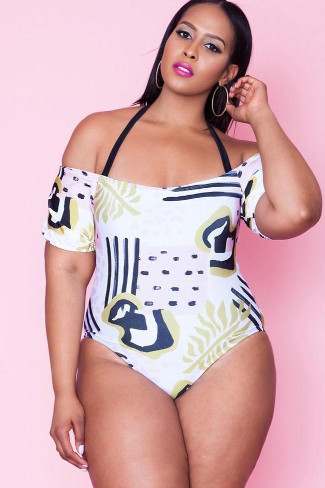 Plus Size Refreshing Off Shoulder Sleeved Halter One Piece Swimsuit