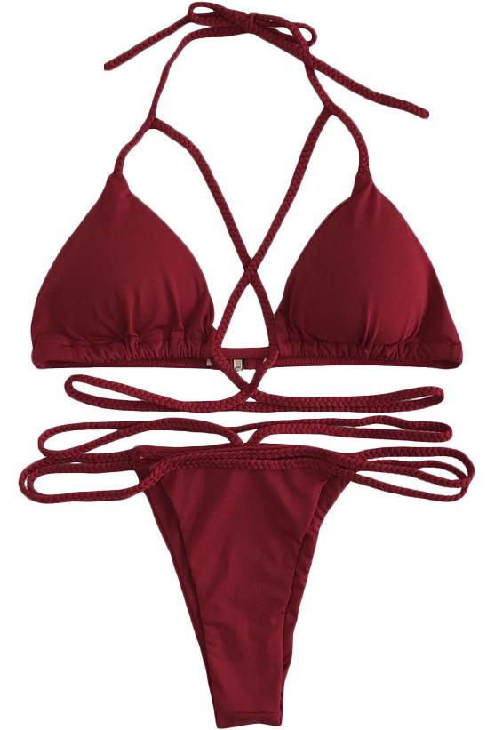 Burgundy Halter Triangle Braided Strappy Cheeky Bikini