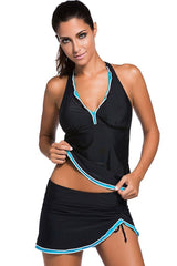 Contrast Color Ruffle Hem Pantyskirt Halter Tankini Swimsuit