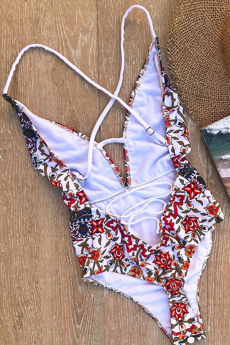 Ethnic Crisscross Strappy Low Back High Leg Deep V One Piece Swimsuit