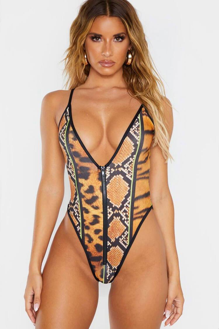 Animal Pattern Sleeved Zip Front High Leg Two Piece Swimsuit