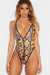 Animal Pattern Sleeved Zip Front High Leg Two Piece Swimsuit