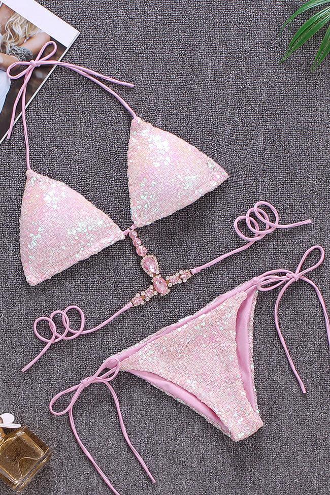 Luxe Rhinestone Sequin Self Tie Triangle Bikini - Two Piece Set