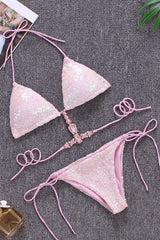 Luxe Rhinestone Sequin Self Tie Triangle Bikini - Two Piece Set