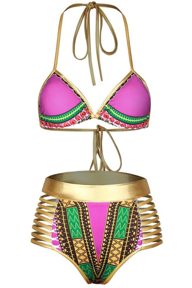 Metallic Strappy High Waist Slide Triangle Bikini - Two Piece Set