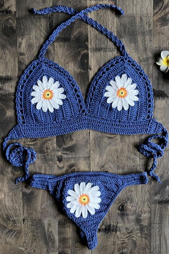 Boho Flower Crochet Halter Thong Bikini - Two Piece Set