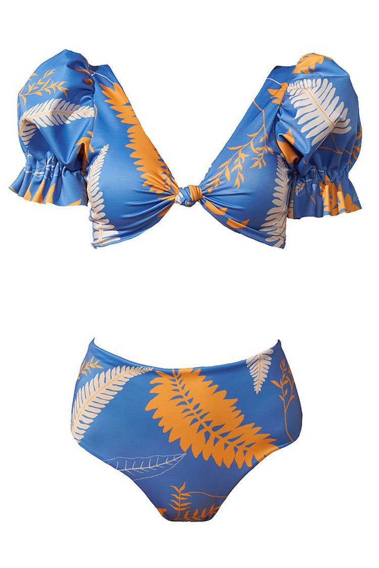 Puff Sleeve Tropical Print V Neck Bikini - Two Piece Set