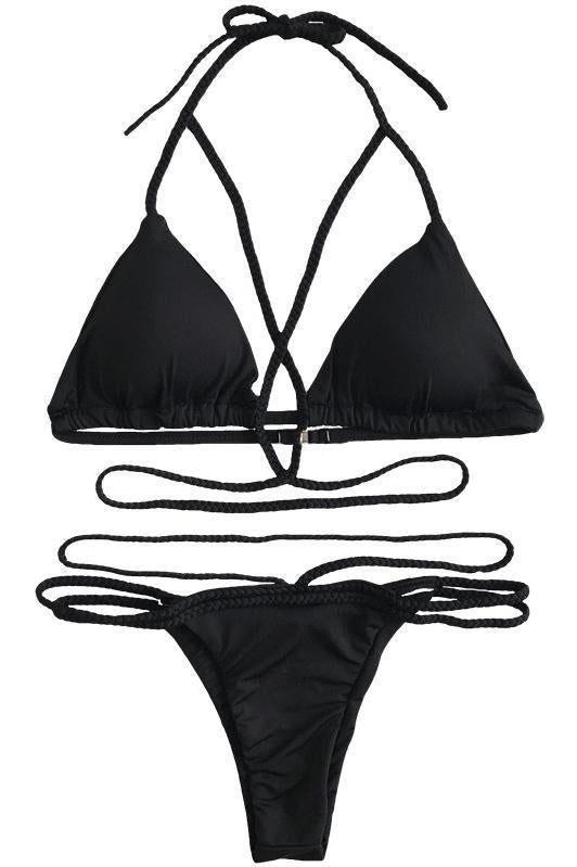 Black Halter Triangle Braided Strappy Cheeky Bikini
